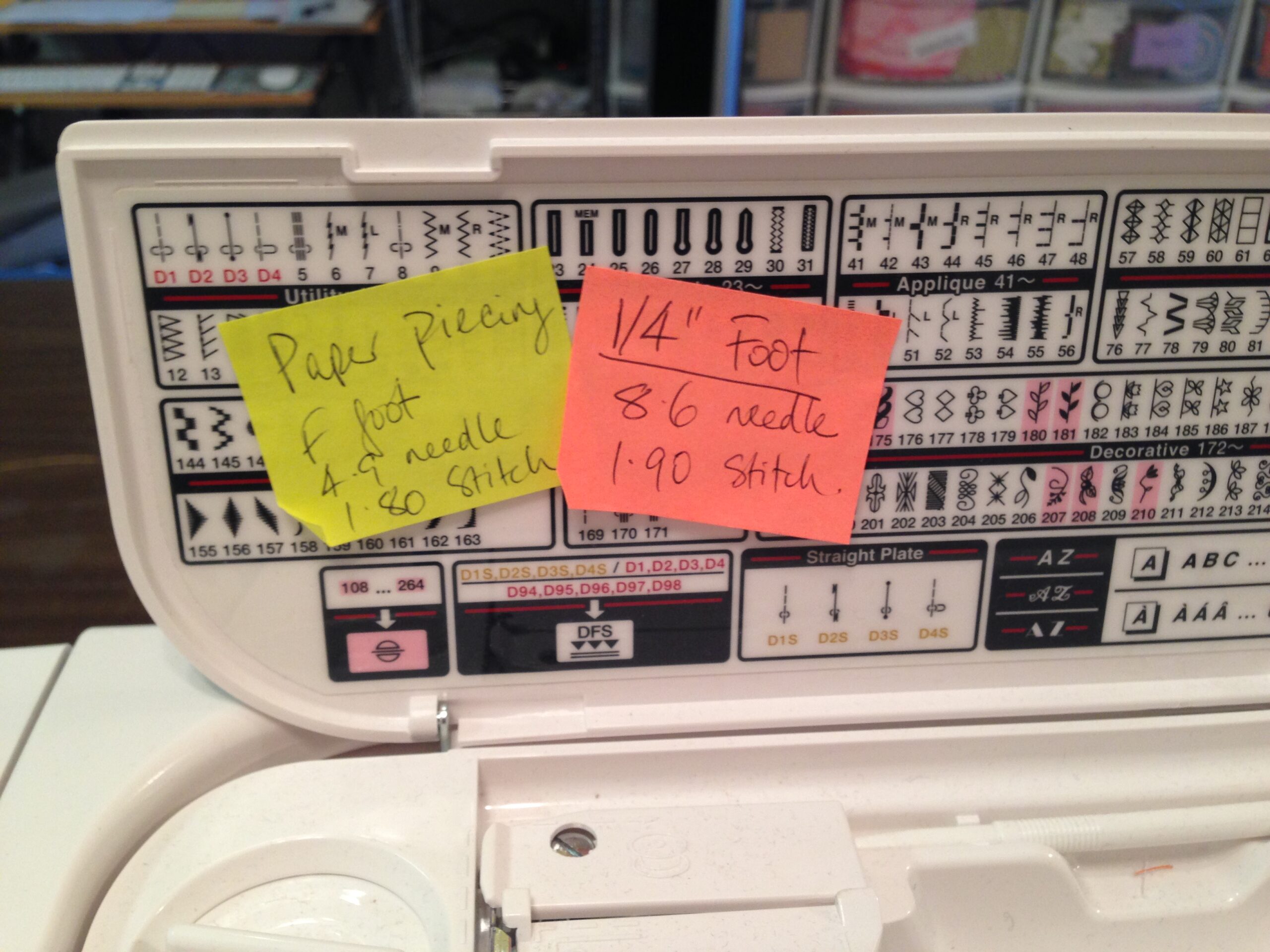 Studio Hack: Use sticky notes for reminders of machine settings on your sewing machine. 