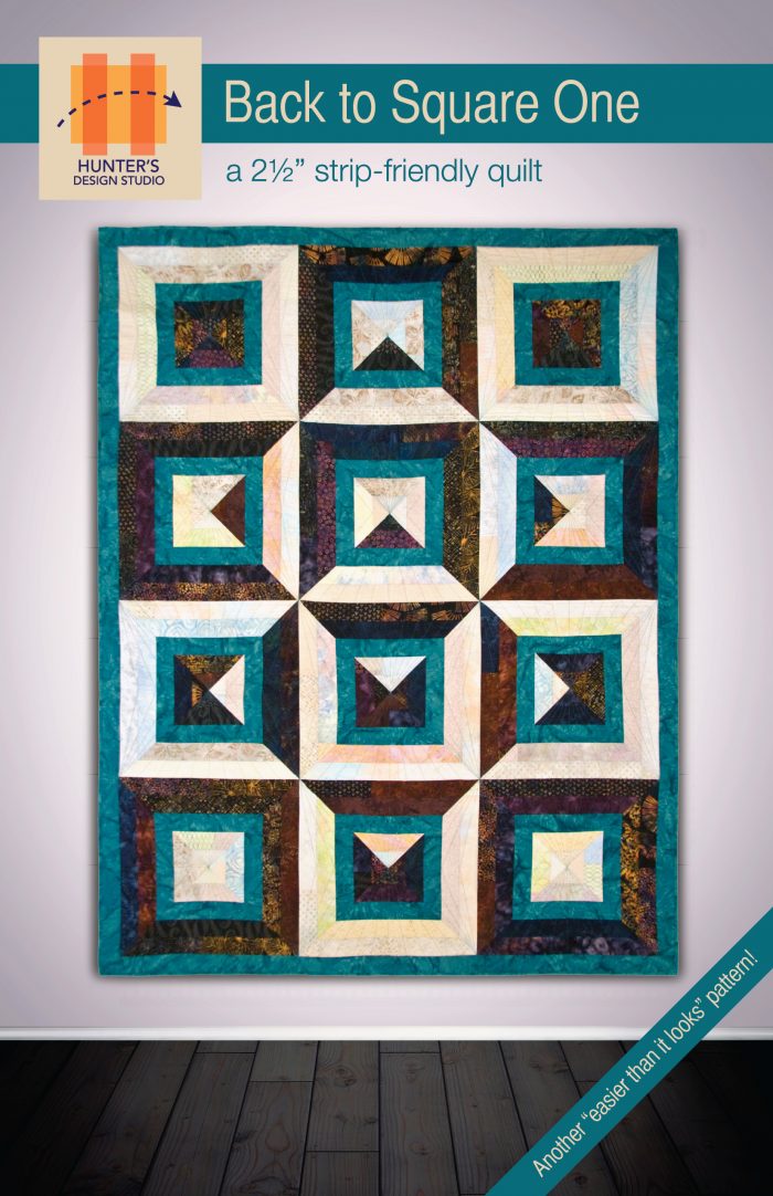 Back to Square One is a strip based quilt pattern featuring cream, turquoise and black strips. These strips are sewn together to form squares.