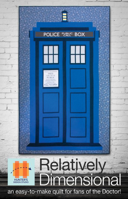 Relatively Dimensional features a Tardis in blue, navy and white on a spotted blue background. The words Police Public Call Box are featured on the top of the tardis.