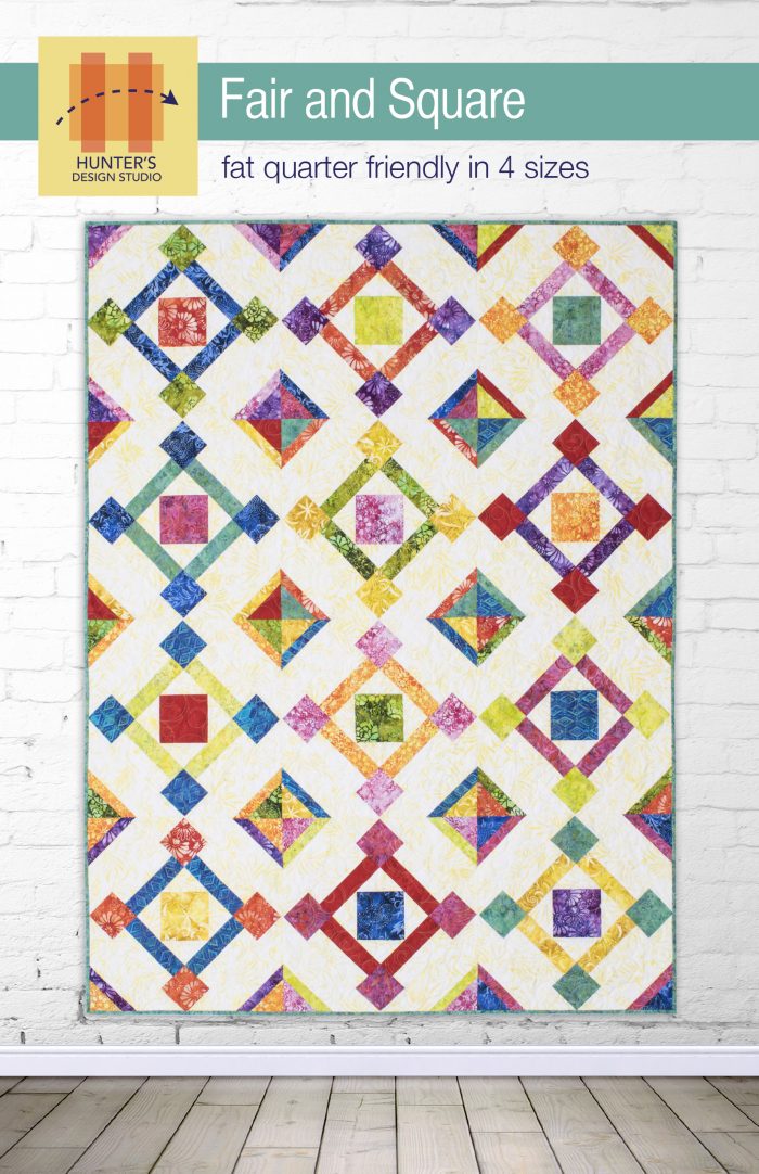 Fair & Square is a block based quilt featuring squares and skinny rectangles in a diamond shape.