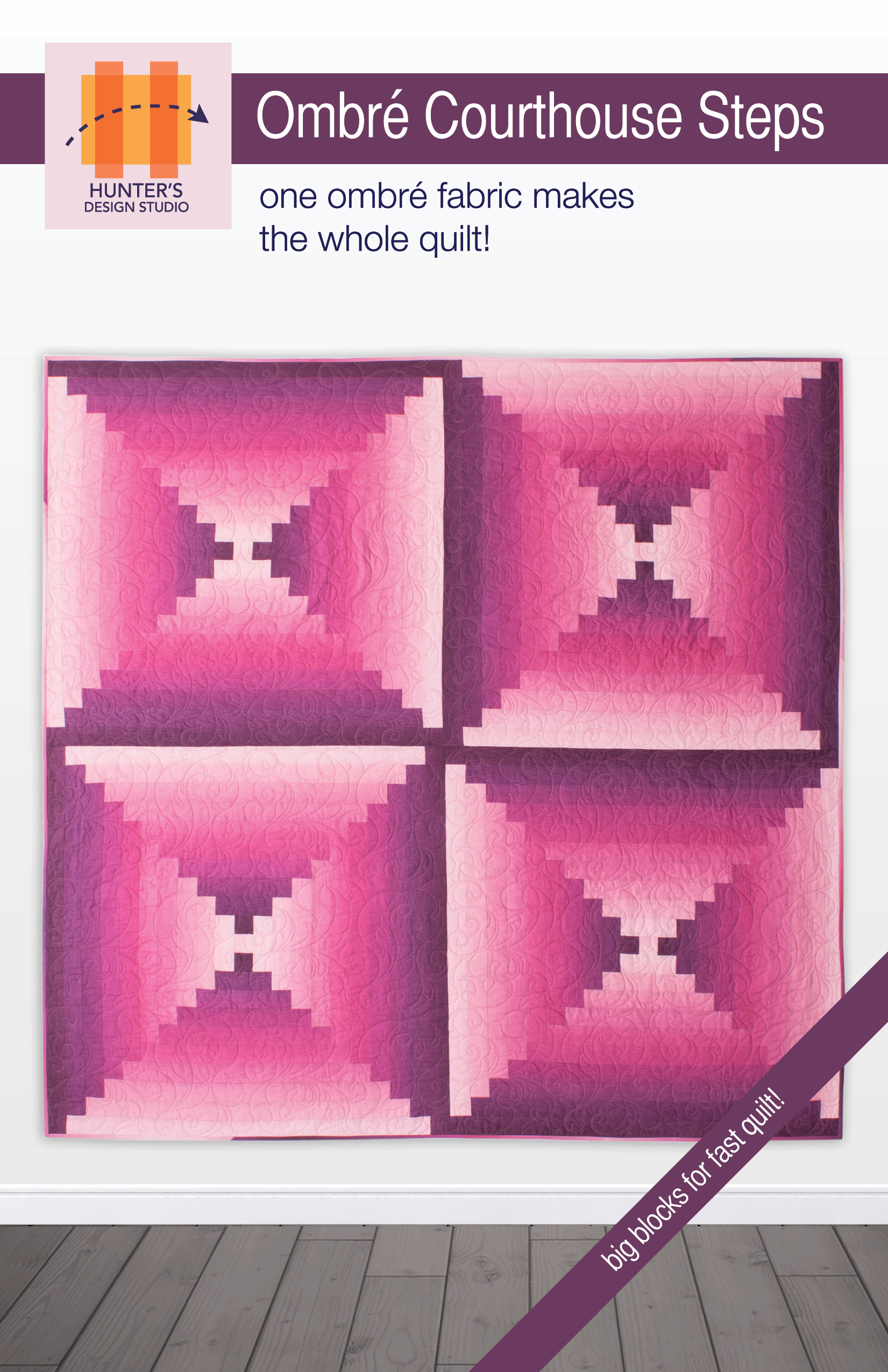 Ombré Courthouse Steps feature four Courthouse Steps block arranged in a four patch. The Ombre fabric used in the construction make the quilt glow.