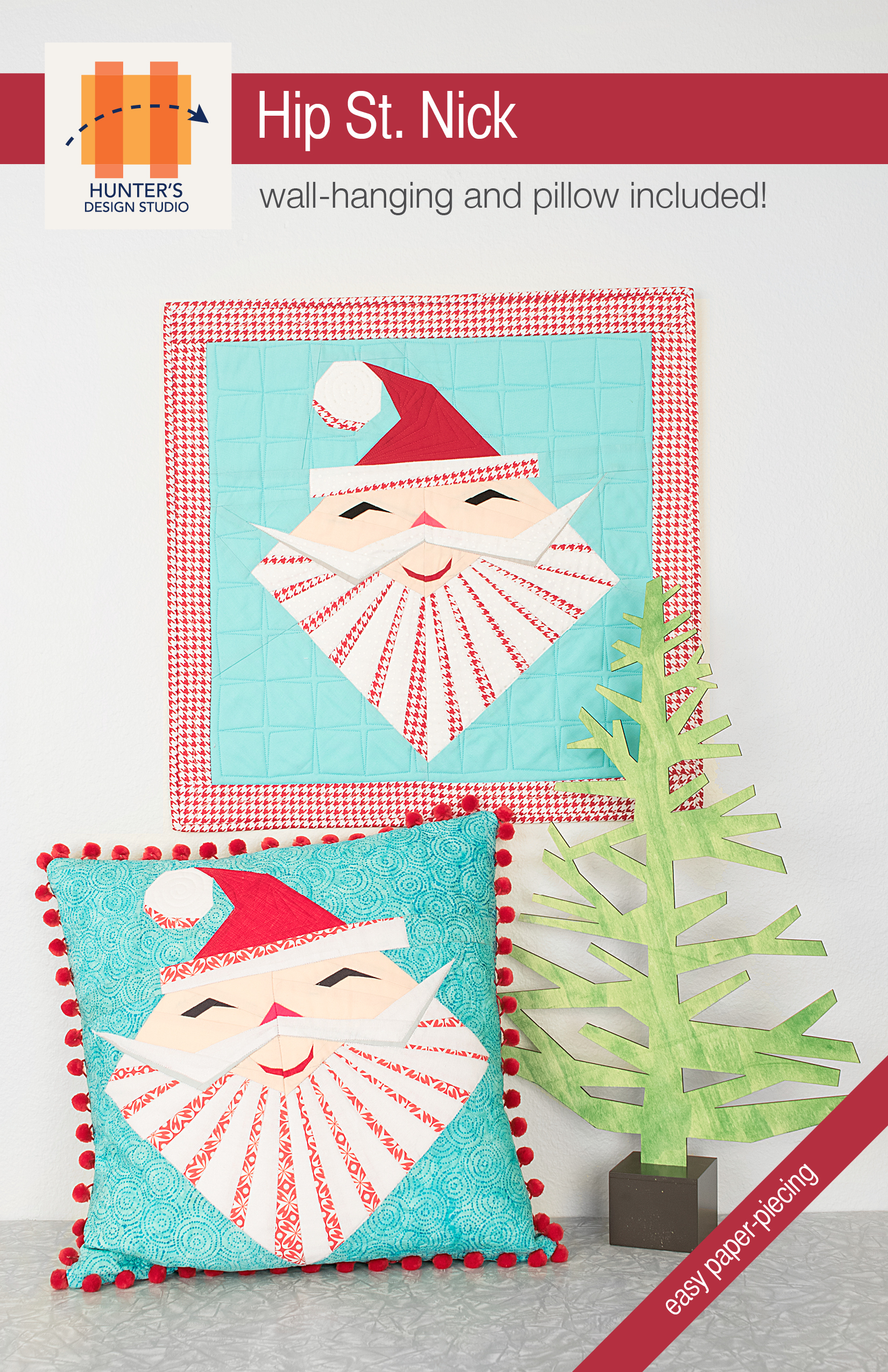 Hip St. Nick is a foundation paper pieced quilt pattern that features a mid-century modern style Santa block.