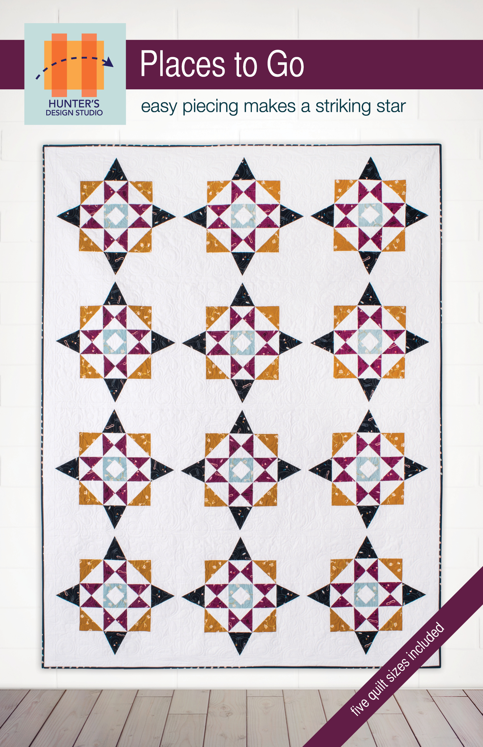 Places to Go is a multi-sized quilt pattern that features repeating stars, built from classic components like half square triangles, and quarter square triangles.