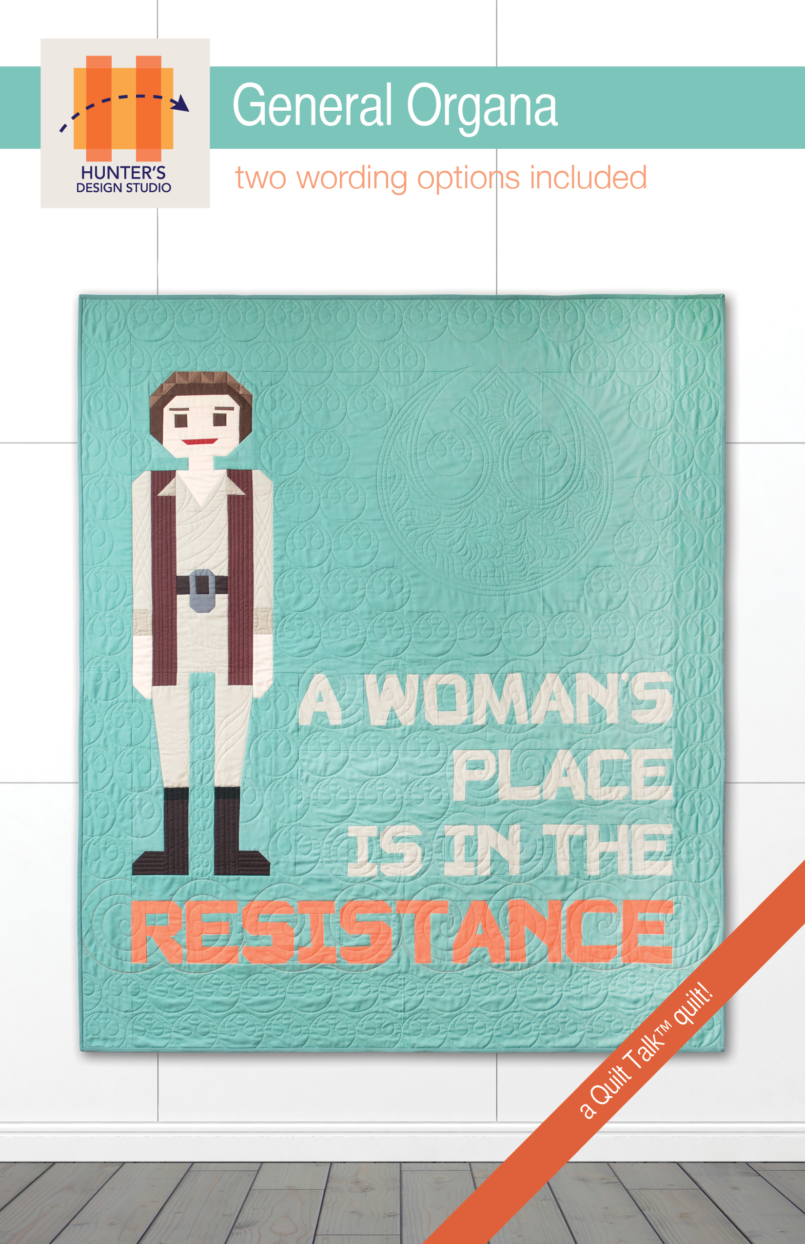 General Organa quilt features a pixelated version of General organa with the words "A woman's place is in the resistance"