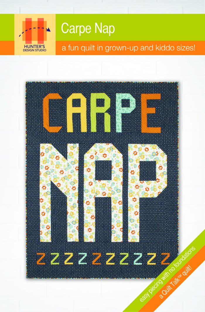 Carpe Nap is a multi-sized word quilt pattern that is made using squares and rectangles.