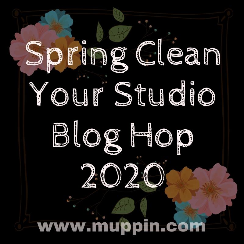 Black background with florals and Spring Clean Your Studio Blog Hop 2020 in white