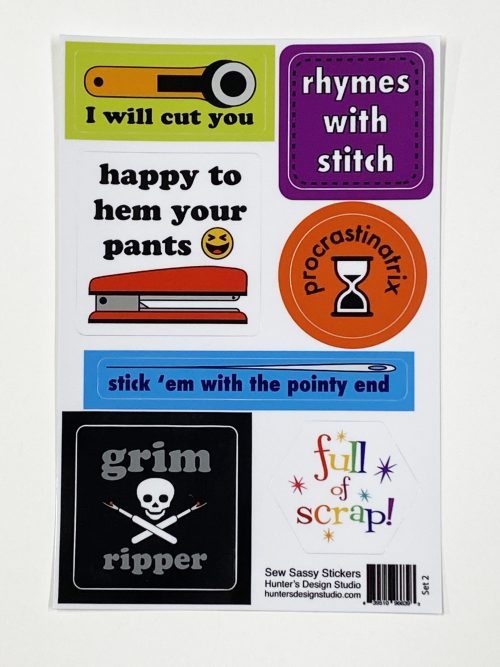 The sassy sew sassy stickers feature 7 stickers that are various sewing related phrases.