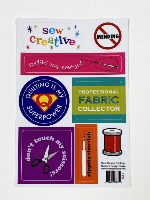 The sweet Sew Sassy sticker sheet features 8 stickers with various sewing related phrases.