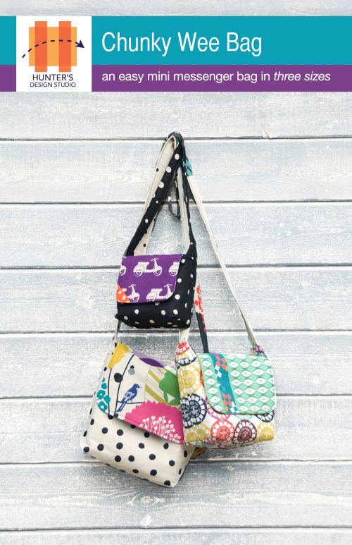 Image of Chunky Wee Bag features three bags hanging from a wall. The three bags are different sizes and feature multiple fabric prints.