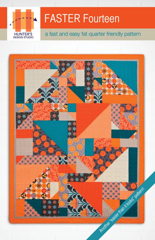 Faster Fourteen is a fat quarter based quilt pattern featuring half square triangles, squares and rectangles in orange and blue fabrics.