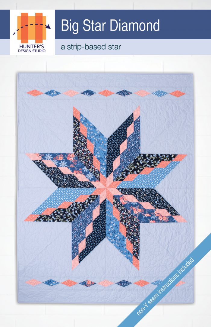Big Star Diamond is constructed from strips or yardage. Made in blues and peaches featuring all straight cutting directions with no templates to make both the star and borders