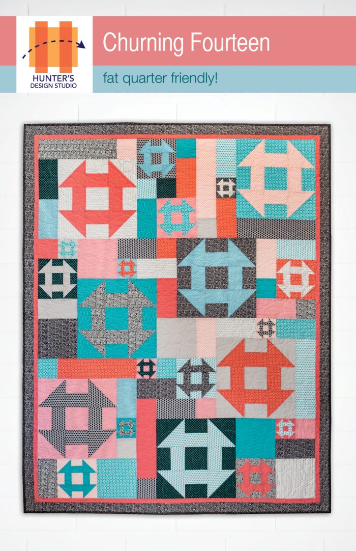 Churning Fourteen is a quilt where you can use your favorite fat quarters to construct the planned improv versions of this pattern featuring churn dash blocks.