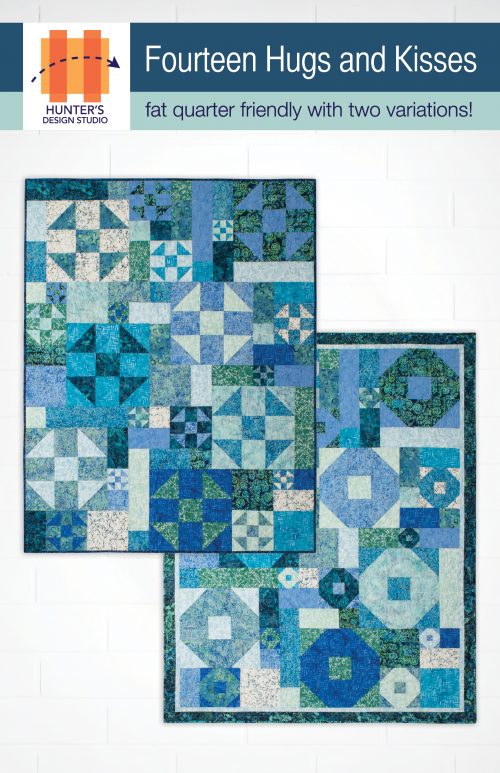 Fourteen Hugs and Kisses is a quilt pattern made using fourteen fat quarters that features hugs and kisses quilt blocks.