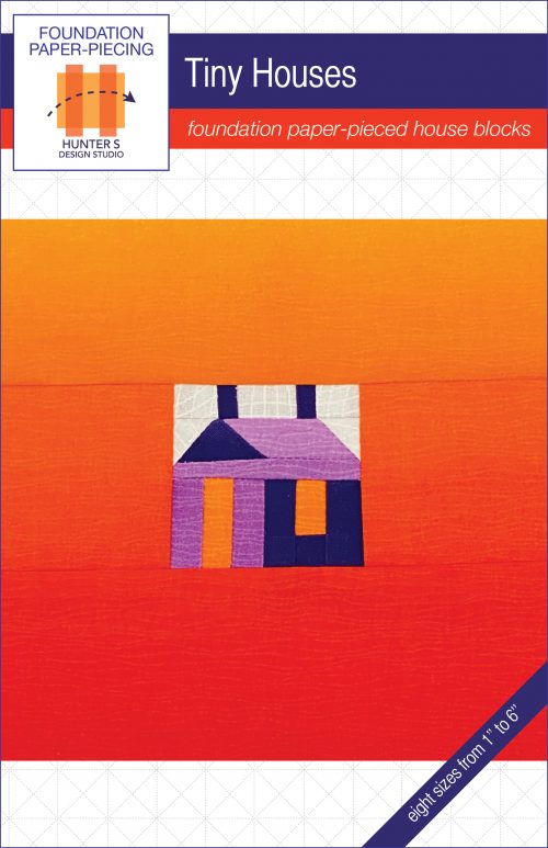 Image is of the Tiny Houses quilt block pattern cover. Features a purple house with orang window and door as well as two purple chimneys. Background is a yellow/orange ombre.