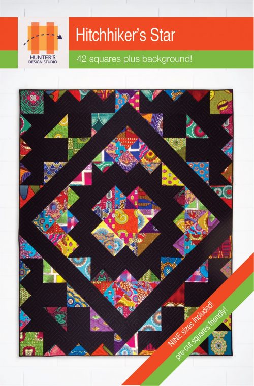 Image pictured is the cover featuring the Hitchhiker's Star quilt pattern. The quilt features multicolored African prints with a black background.