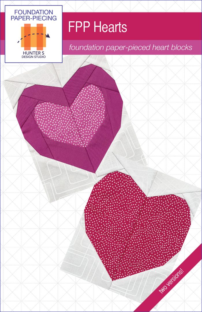 Paper-Pieced Heart is a single block pattern that features either a solid heart or a heart with a contrasting color outline.