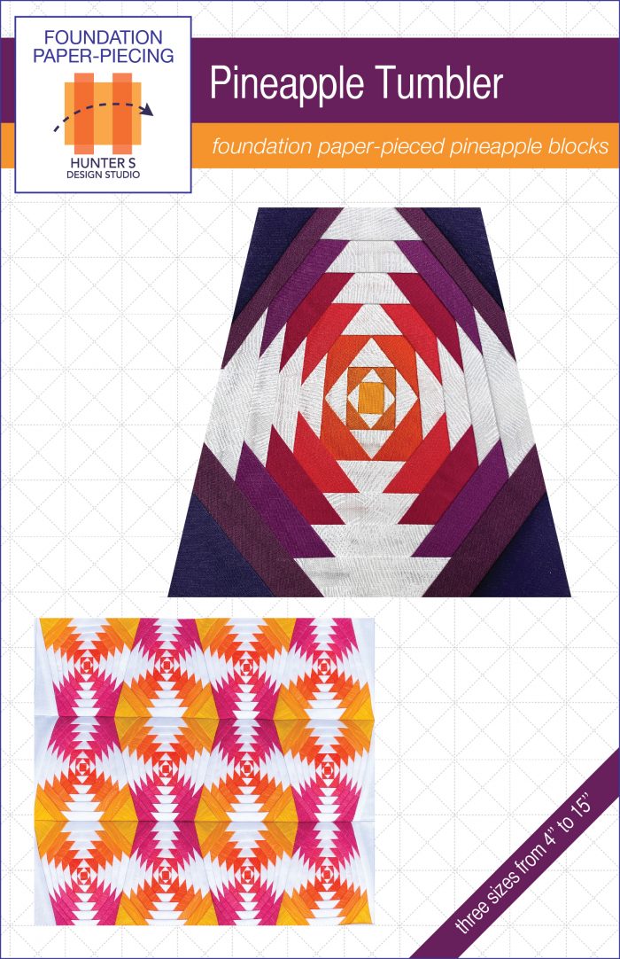Image is of the cover of the Pineapple Tumbler Quilt block and a mini. The block is in white and ombre fabric featuring purple, orange and yellow.