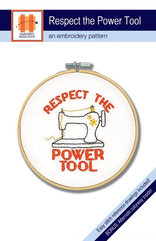 Respect the Power Tool Embroidery features an antique sewing machine with the words 'respect the power tool' surrounding it.