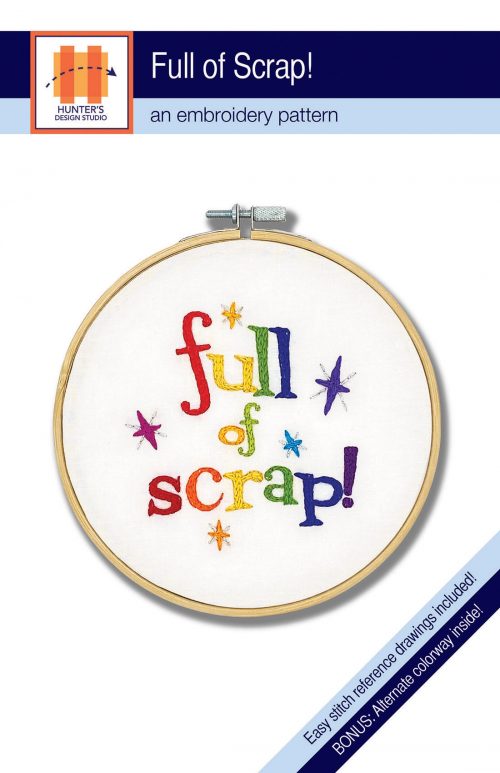Full of Scrap embroidery features rainbow letters and stars stitched on a white background.
