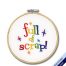 Full of Scrap embroidery features rainbow letters and stars stitched on a white background.