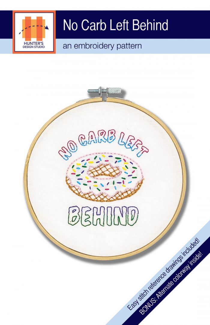 The No Carb Left Behind embroidery pattern features a doughnut with sprinkles, perfect for a beginner!