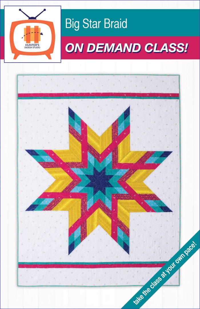 Big Star Braid quilt is pictured in yellows, aquas and fuchsia illustrating the quilt you'll be making in this on demand quilt tutorial class.