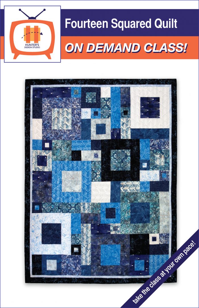 Cover of the Fourteen Squared Quilt Pattern is pictured with an icon of a television indicating an on demand quilt class.