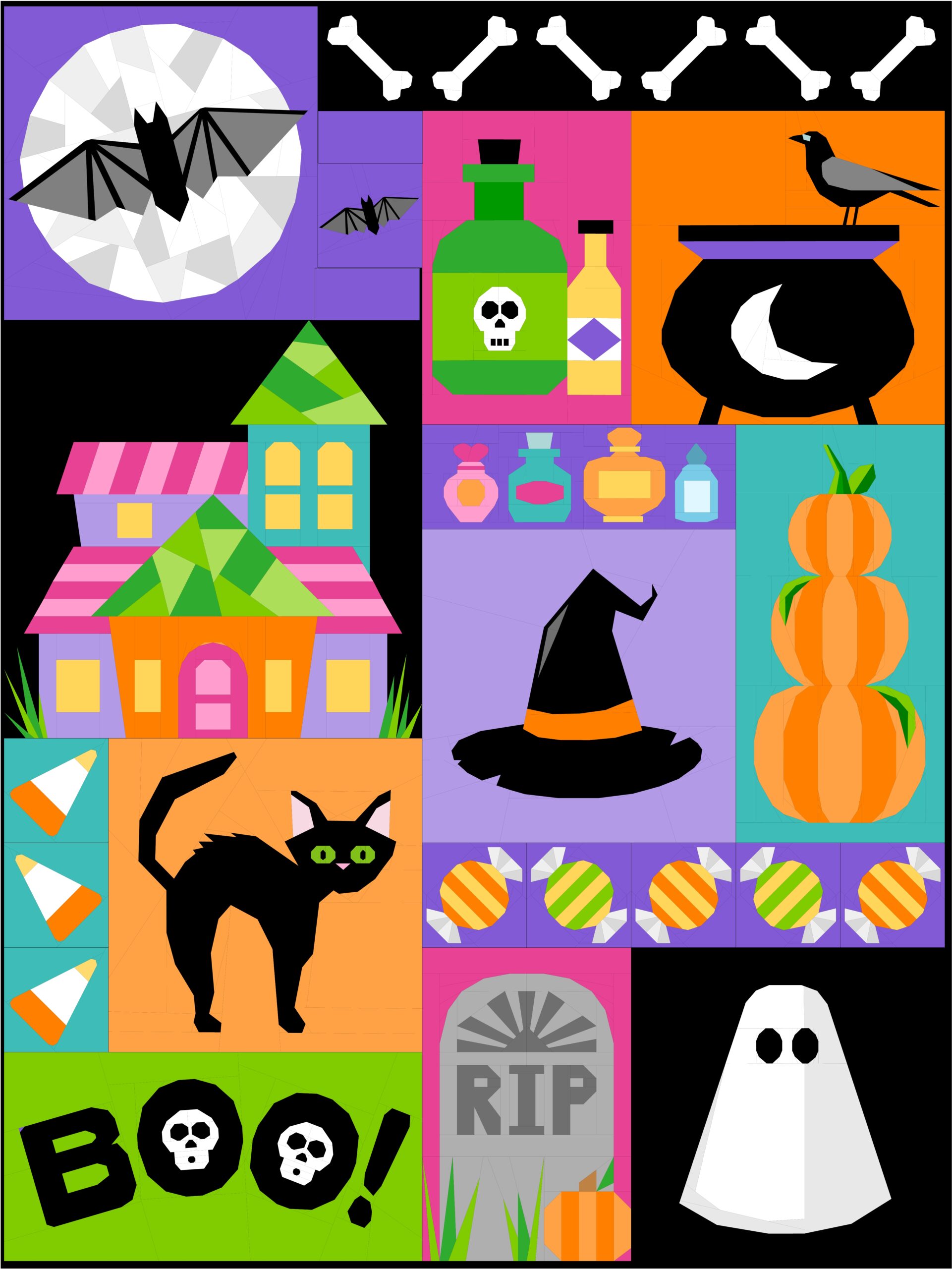 The color blocked version of the Frightful Fun Halloween BOM in traditional Halloween colors