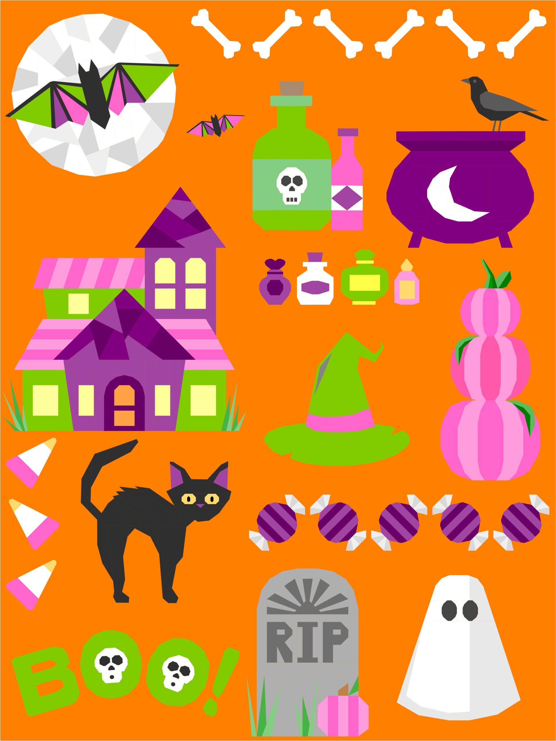 The Frightful Fun Halloween BOM version with traditional Halloween colors and an orange background